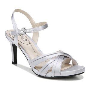 Lifestride‎ Womens Size 6.5 Maebree Silver Satin Dress Sandals Heels Shoes